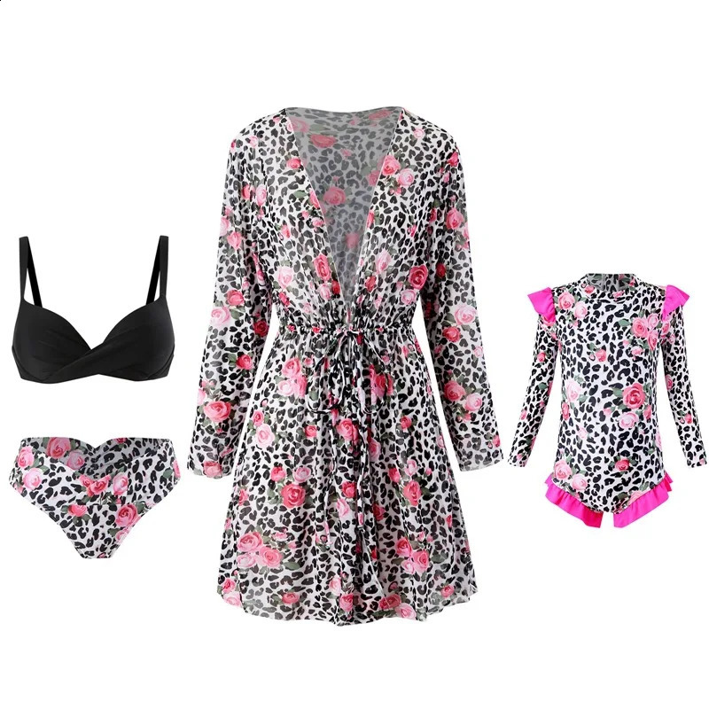 Family Matching Swimsuit Girls Print One-Piece Swimwear Mommy Bikini Sun Protection Cover Up 3Pcs Summer Family Matching Clothes 250319