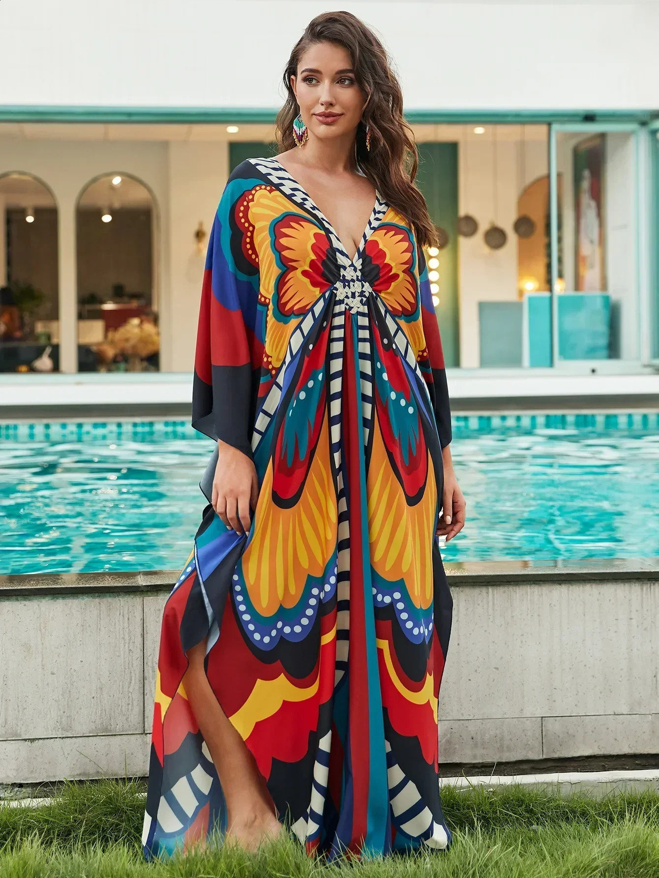 Womens ethnic printed Kaftan beach dress swimsuit plus size coverage suit 250318