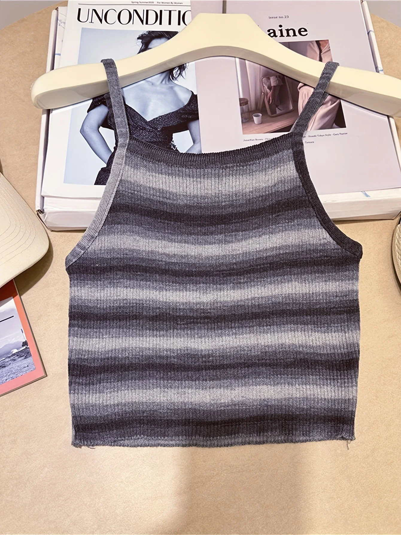 2024 Comfortable and Stylish Striped Ribbed Knit Cami Top for Women Sleeveless Square Neck Casual Rainbow Crop 250311Z