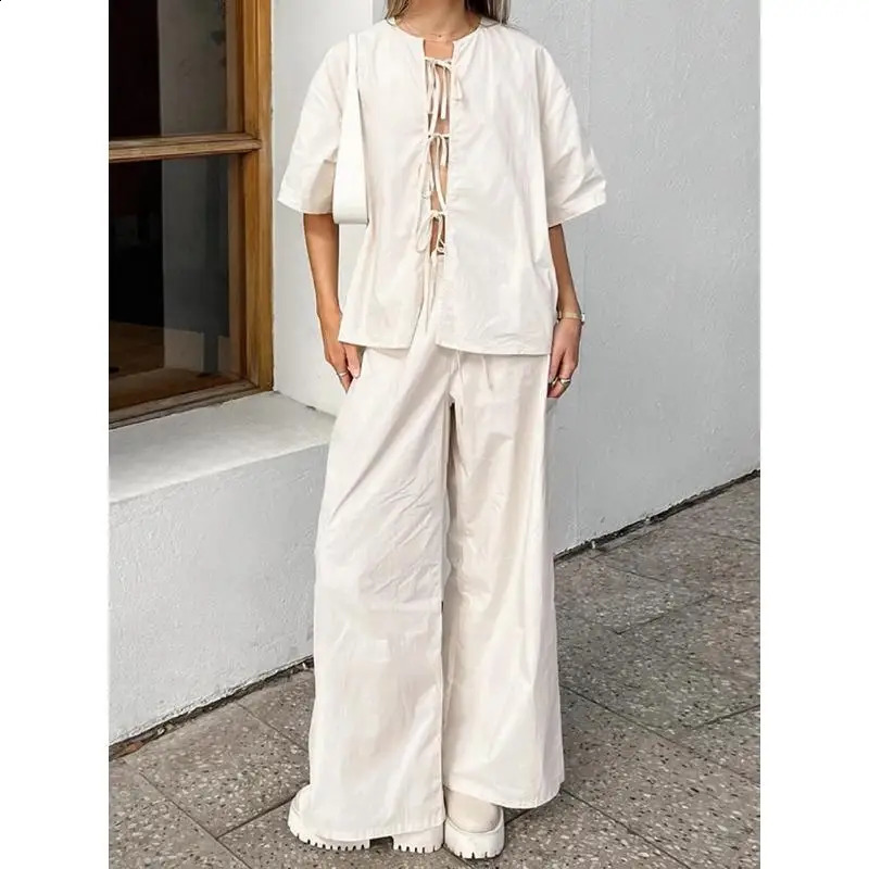 Womens lace cotton shirt pants set solid casual loose half sleeved bow tie wide leg mens summer dress 250319