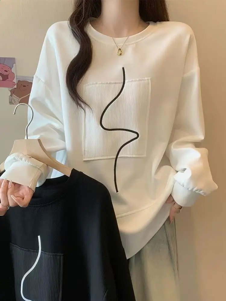 Womens round neck long sleeved casual loose sportswear autumn irregular top 250318