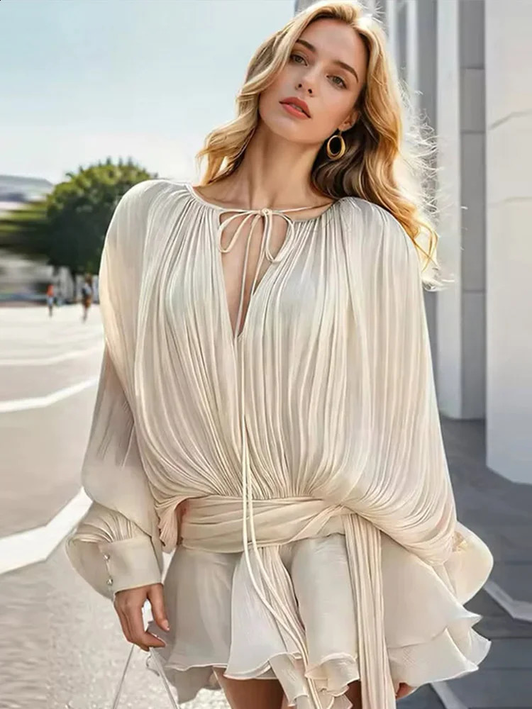 and elegant womens mini dress Vneck lace top long sleeved stacked hem Vestido 2025 clothing 250319