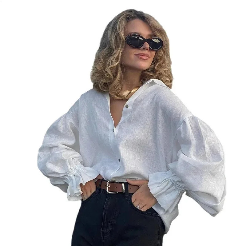 Autumn Style Womens LooseFit Plus Size Lapellantern Sleeve Long Shirt Top With Button 250318