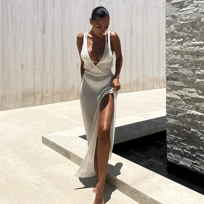 2024 Summer New Fashion V-neck Open Back Lace up Vacation Beach Strap Long Dress