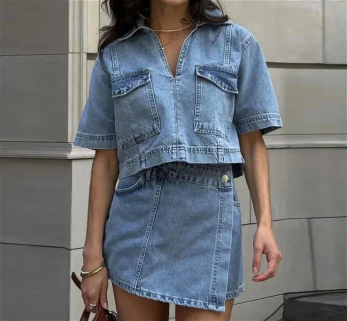Denim 2 Piece Set For Women Solid Fashion In Flip Pocket V Neck Shirt Top Asymmetric Shorts Skirt Lady Y2k Streetwear 250318