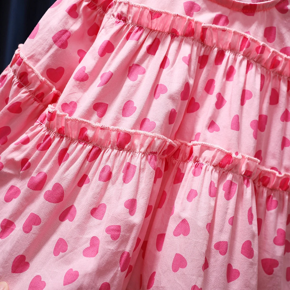 Korean Spring Autumn Children Girls Shirt Pink Heart Print Long Sleeve Lace Cotton Kid Baby Blouse Sweet Little Tops 250319