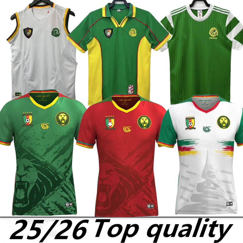 25 26 Cameroon soccer jerseys Africa cup Cameroonian jersey NKOULOU M.HONGLA ABOUBAKAR 1990 1998 Cameroon Retro Mens Soccer Jersey WOME MBOMA ETO O Home 2002 away