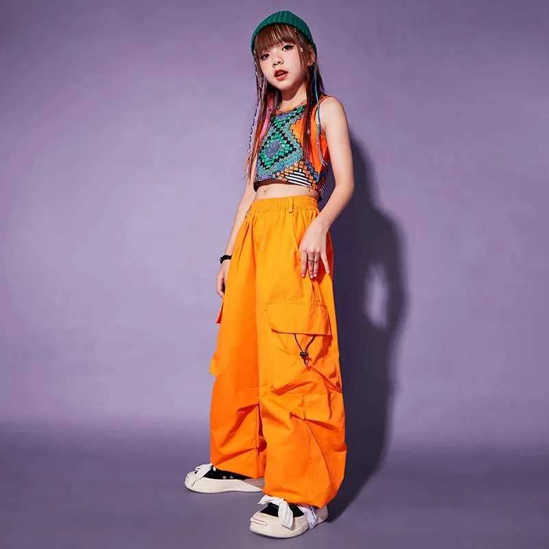 Childrens Kpop hip-hop clothing geometric print crop vest orange casual jogging cargo pants girls jazz dance clothingT250318