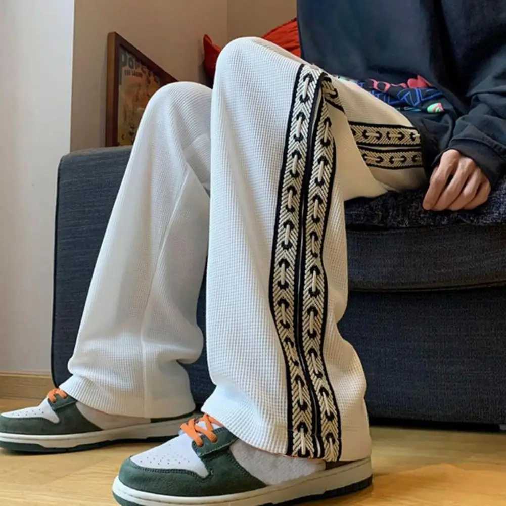 High Street Casual Trousers Drawstring Elastic Waist Waffle Grid Trendy All-Match Spring Sweatpants Straight Tube Male Trousers X250319