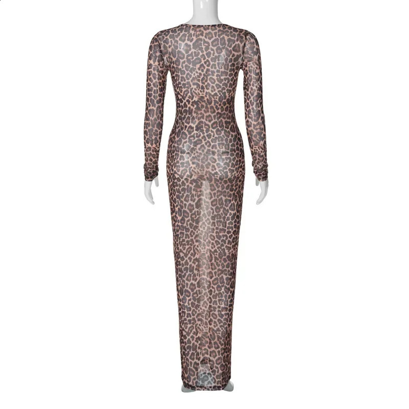 Leopard Print Sexy Mesh See Through Party Club Birthday Dresses for Women Summer Long Sleeve Y2K Streetwear Beach Dress Sundress 250319