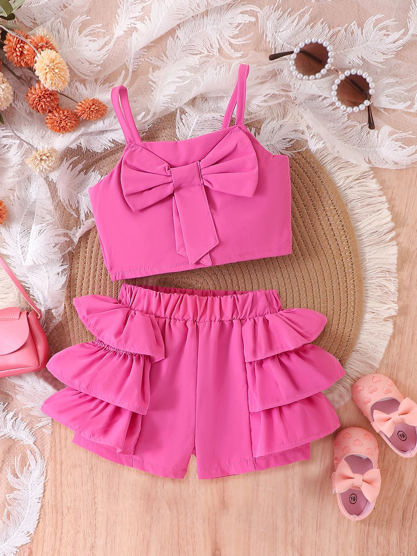 2PCS Summer Style Girls 2-7 Years Old Trendy And Comfortable Rose Red Bow Suspender Top Shorts Set 250319