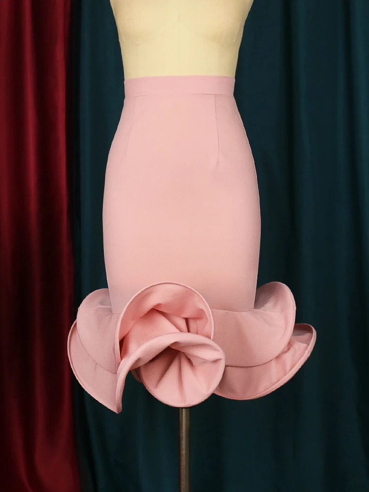 Women Mermaid Skirt High Waist Pink Trumpet Flare Fishtail Sheath Stylish Ruffles Elegant Party Event Elastic Classy Jupes Falad 250313