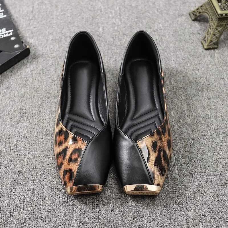 New light soft sole leather sandals for womens apartment square metal head talented leopard print Mary Jane ballet ZapatoXJ250319