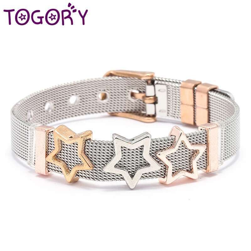 Jewelry Rose Gold Color Mesh Keeper Bracelets With Crystal Star Slide Charms Bracelets for Women Corple Gift