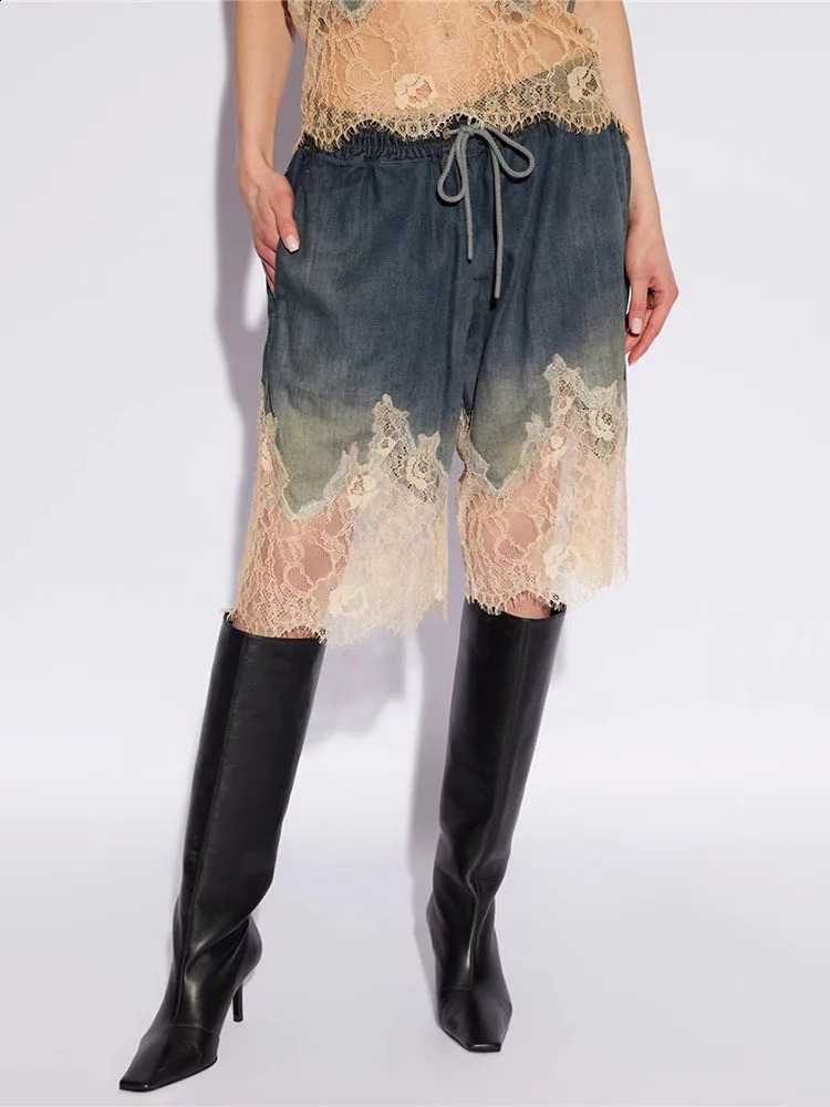 DEAT Fashion Womens 2-piece Denim Lace Backless Tank Top High Waist Lace Pocket Knee Length Set Autumn Style 7AB4274 250317 - view 4