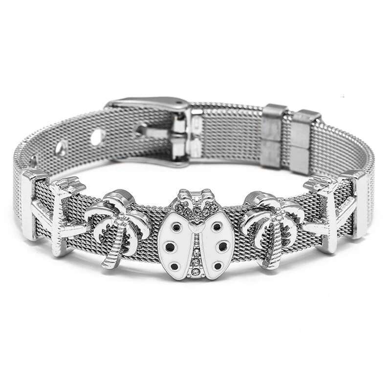 10mm Stainless Steel Mesh Bracelets With Aircraft Coconut Tree Beads Charm Keeper Bracelets Bangles For Women Men Jewelry Gift