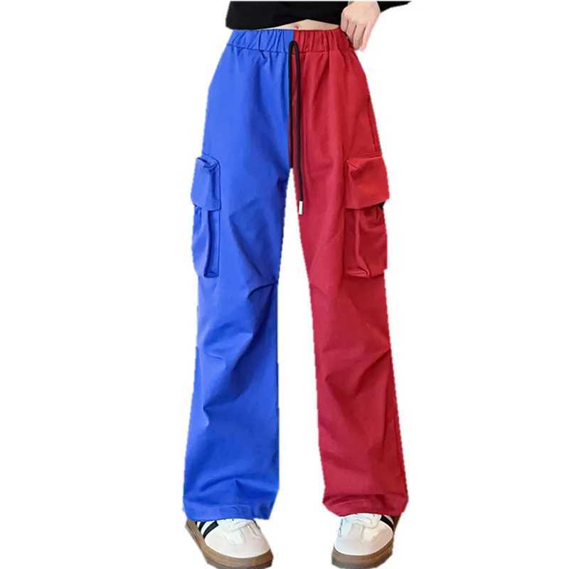 New Fashion Girls Childrens Red and Blue Spliced Colorful Product Pants with Pockets Elastic Waist Childrens Spring Hip Hop Loose Street ClothingT2503