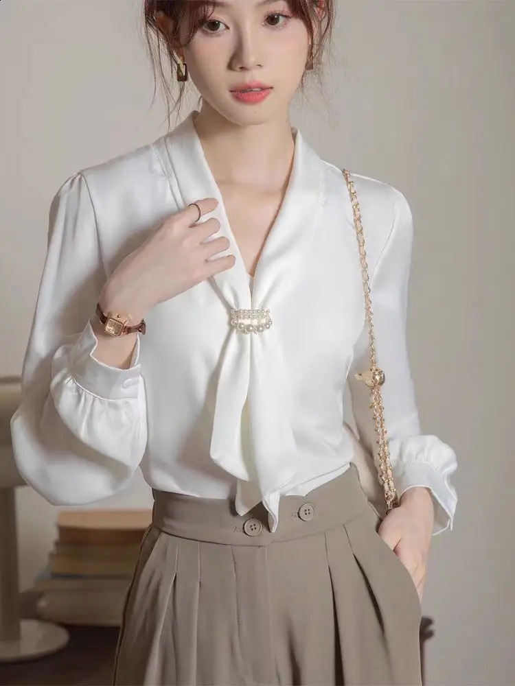 2025 Fashion Satin Shirt Womens Top Office Long Sleeve Elegant with Vneck Loose Clothing 250319