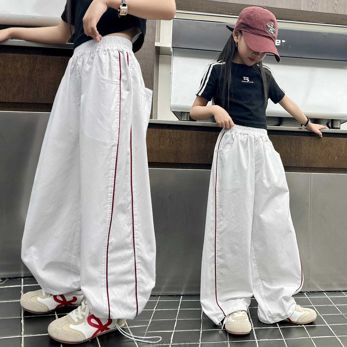 Childrens Spring and Summer White Pants Girls Casual Trouser with Side Stripes Childrens Fashion Sports Pants 4 5 7 9 11 14 YT250318