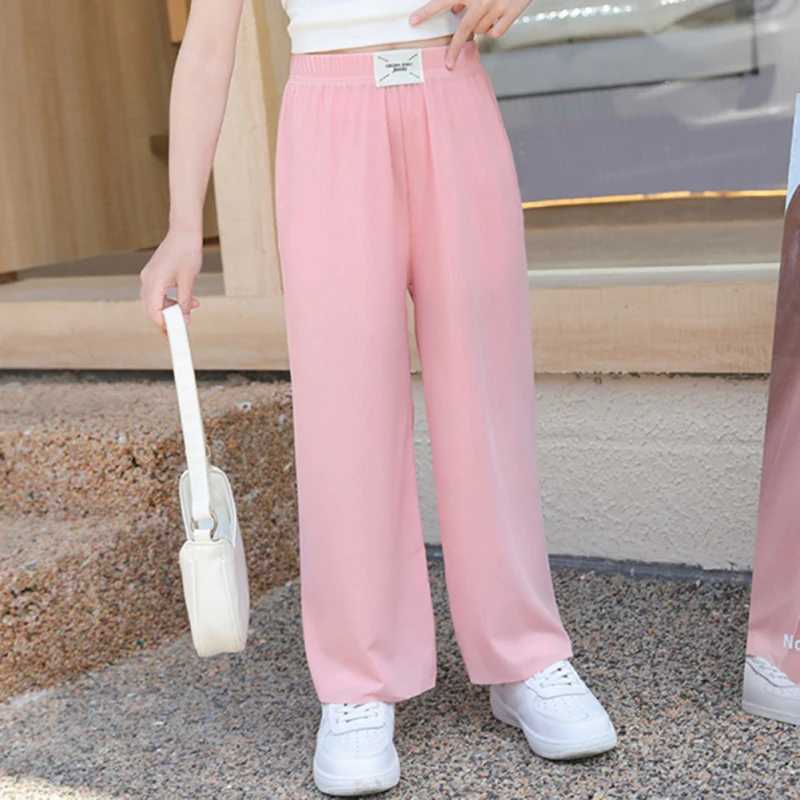 Summer Ice Silk Girls Panst Kids New Casual Solid Trouser Childrens Clothing Mid Waist Stretch Wide Leg Pants 2024T250318