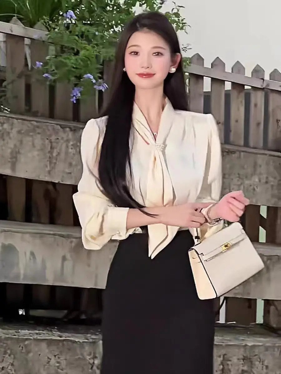 2025 Fashion Satin Shirt Womens Top Office Long Sleeve Elegant with Vneck Loose Clothing 250319