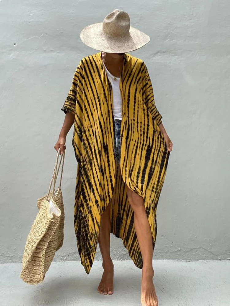 Beach Cover Ups for Swimwear Women Black Tie Dye Kimono Swimsuit Cape Summer Dress Beachwear Outfits Sales 250319