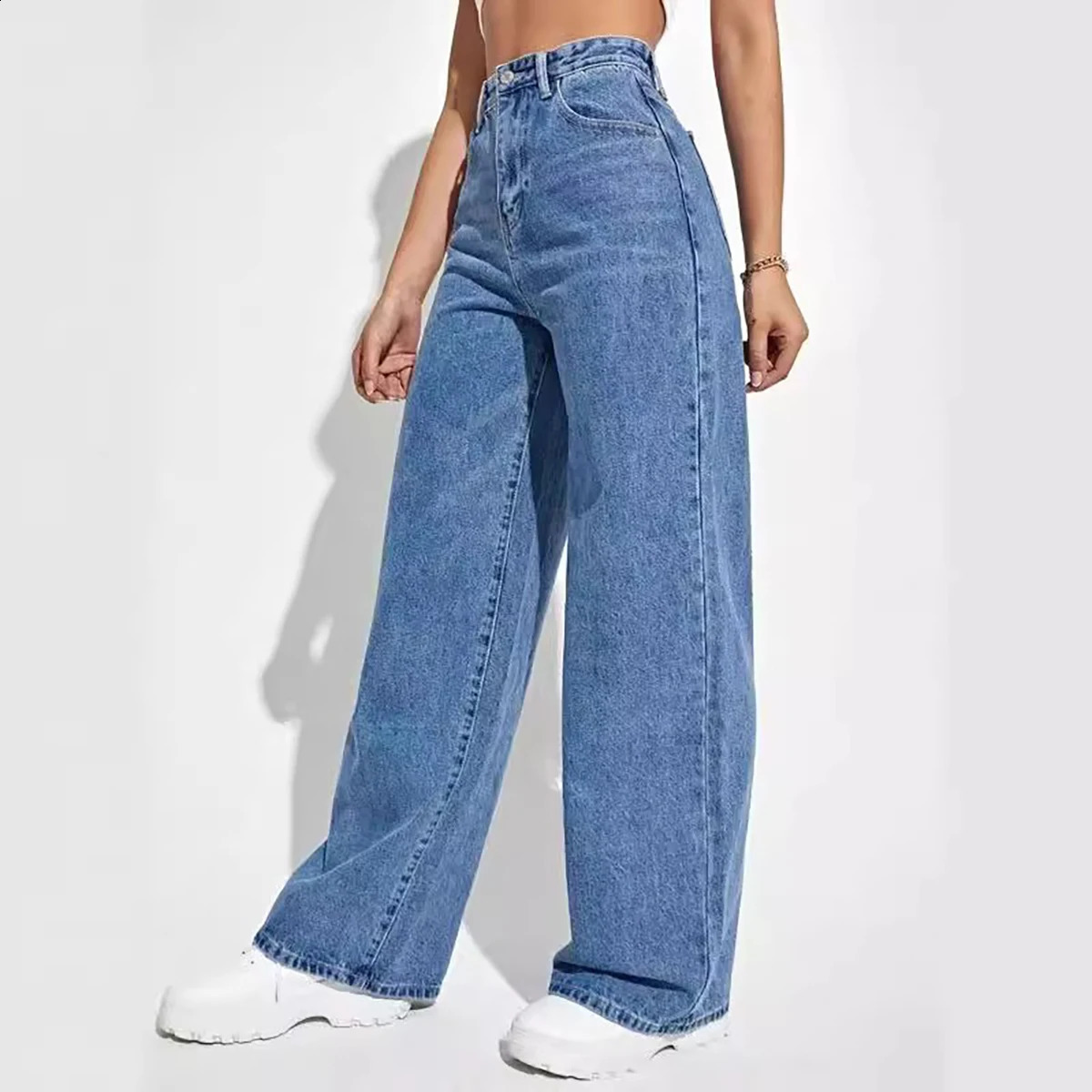 Womens Deep Blue Wide Leg Straight Jeans Weight Loss Full Match 250317