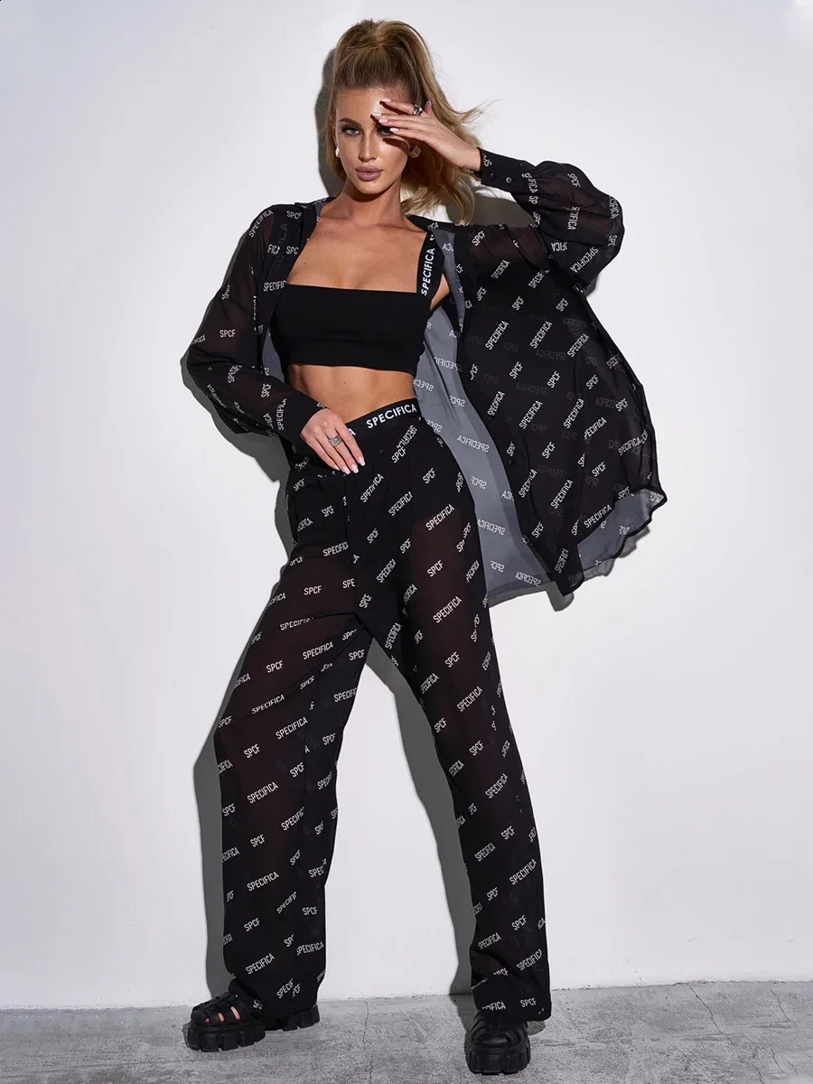 Wolfeel Beach Style Chiffon Printed Shirt Pants 2Piece Set Summer Long Sleeves Loose Fashion Casual Suit 250319
