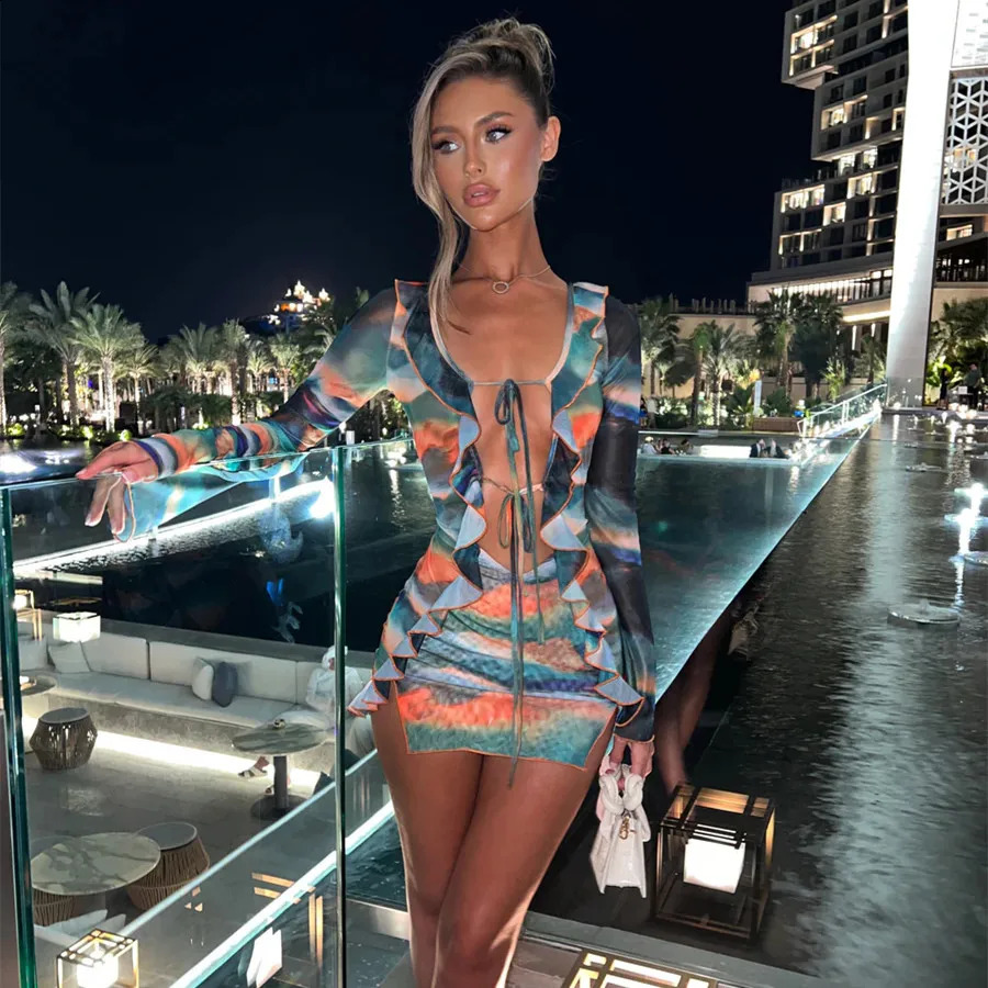 hirigin Women Ruffle Mini Dress Sexy Deep V Neck Cutout Mesh See Through Bodycon Short Dress Tie Dye Summer Beach Sundress 250319