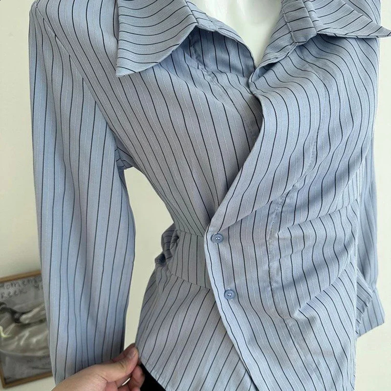 Blue striped womens retro elegant irregular waist white top Korean long sleeved fashionable button ultrathin n 250319