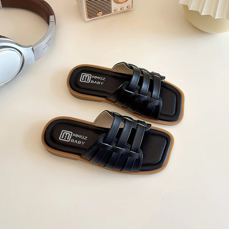 Childrens slider woven hollow square toe PU leather childrens slider solid color fashion slider casual summer girls sandals 250318