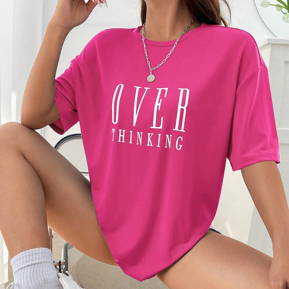 Over Thinking Letter Print Women Cotton Short Sleeve Breathable Vintage O-Neck Tops All-math Casual T-Shirts Female Tee Clothing 250319
