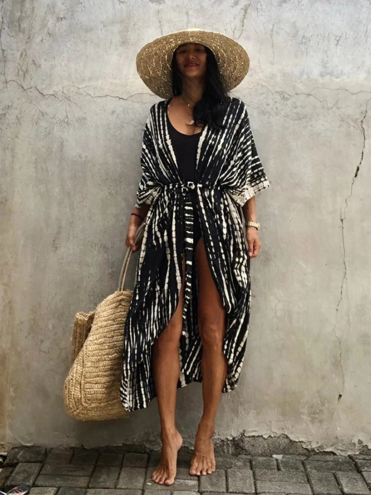 Beach Cover Ups for Swimwear Women Black Tie Dye Kimono Swimsuit Cape Summer Dress Beachwear Outfits Sales 250319