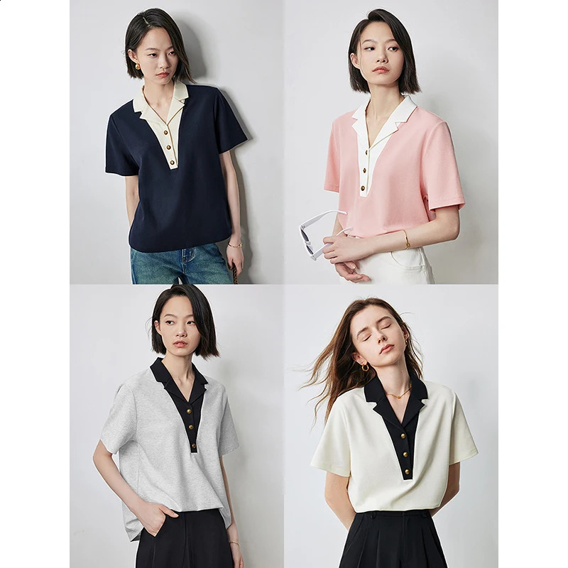 TOYOUTH Women Contrasting Colors POLO Collar T-shirt 2025 Summer Short Sleeved Top 250318