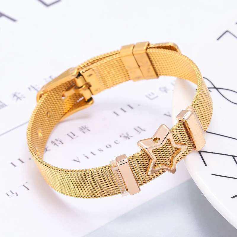 10mm Hollow Stars Beads Stainless Steel Mesh Bracelets DIY Charm Keeper Bracelets Bangle For Women Boyfriend Men Jewelry Gift