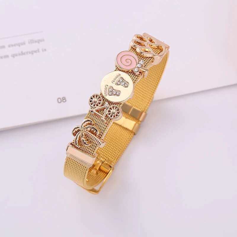 Gold Color Slide Charm Bracelets Set With 10mm Lovely Dog Paw Bicycle Keeper Stainless Steel Mesh Bracelet For Women Men Jewelry