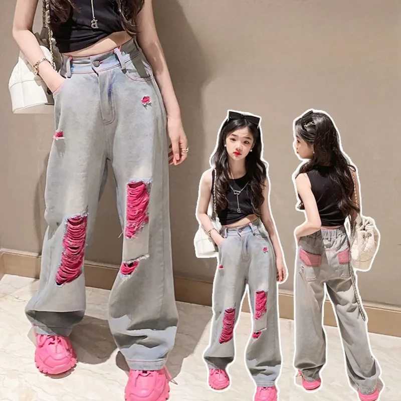 Girls pants summer 2024 new childrens loose Western style large childrens casual torn denim wide leg pantsT250318