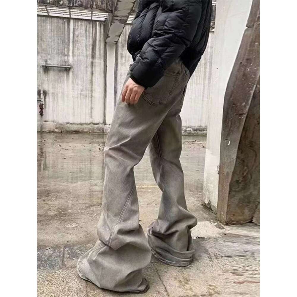 style vintage earth color washed floor mopping high elasticity slim fit horn wide leg um slimming stacking jeans men