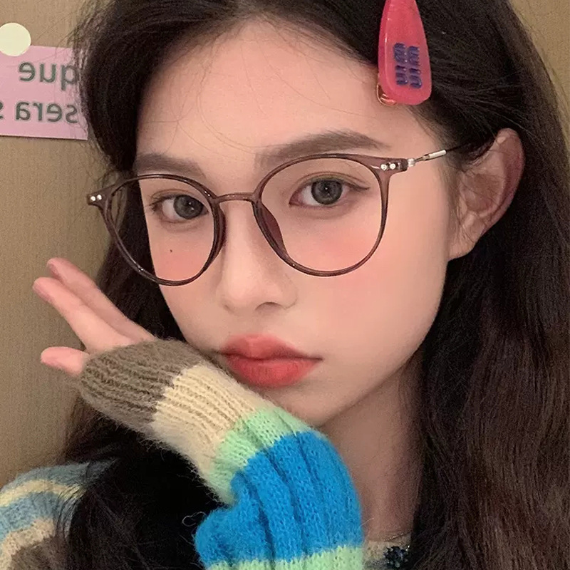 Round Anti Blue Light Flat Lens Cold Tea Colored Female Student Myopia Lens Frame Matched with Degree Bare Color Glasses Frame Women's Lightweigh
