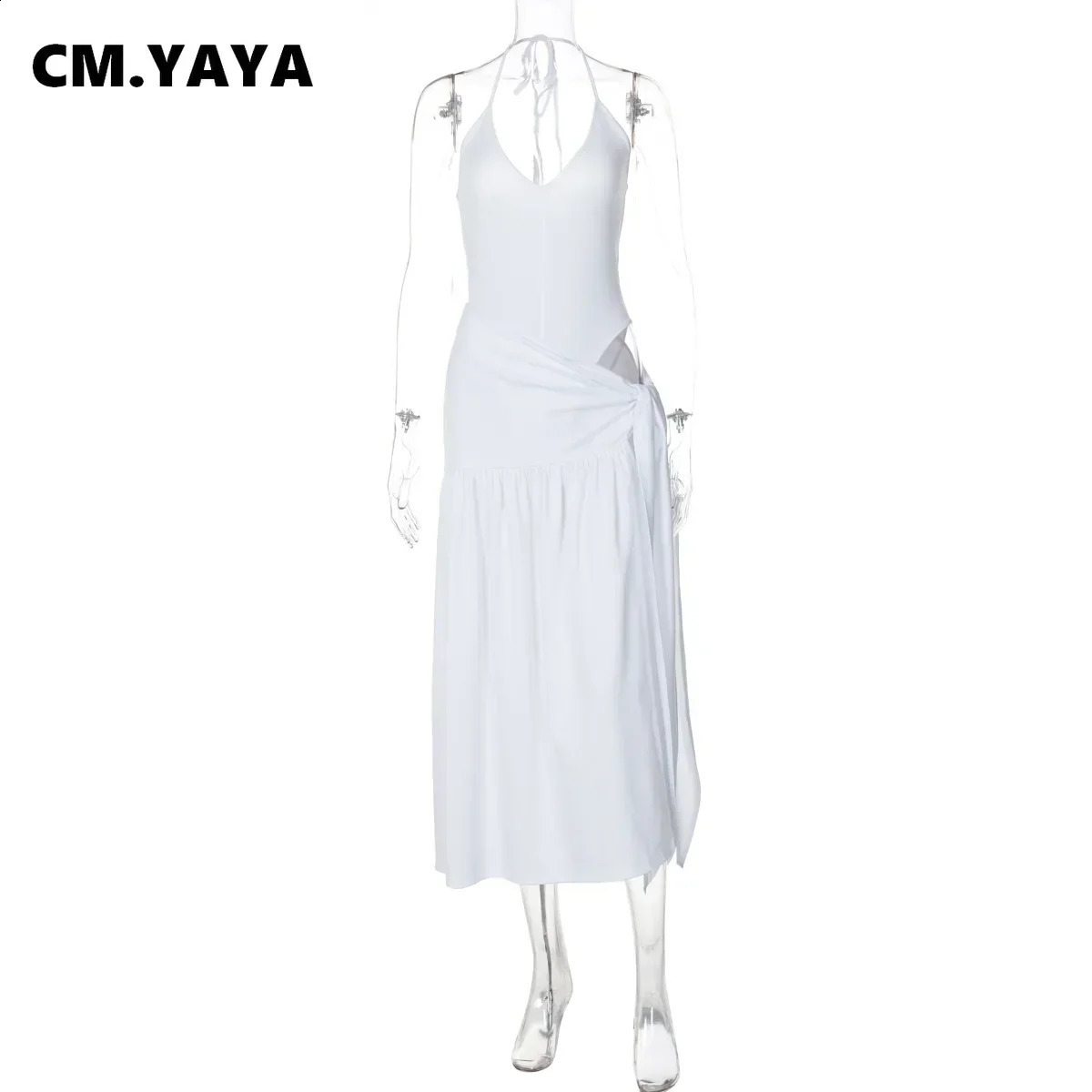 CM.YAYA Elegant Womens Set Sleeveless Strap Bodysuit Long Skirts Set Autumn Tracksuit Sexy Tie Up Two 2 Piece Set Outfits 250319