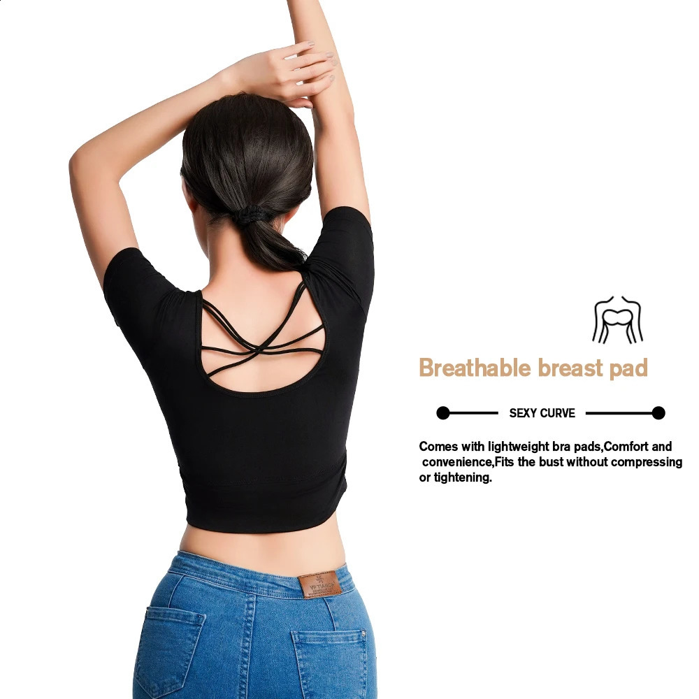 Womens Short Sleeve Tank Tops Backless Spring Summer Crop Tshirt Padded Slim Camisole Tees Bottoming 2025 Plus Size 250311
