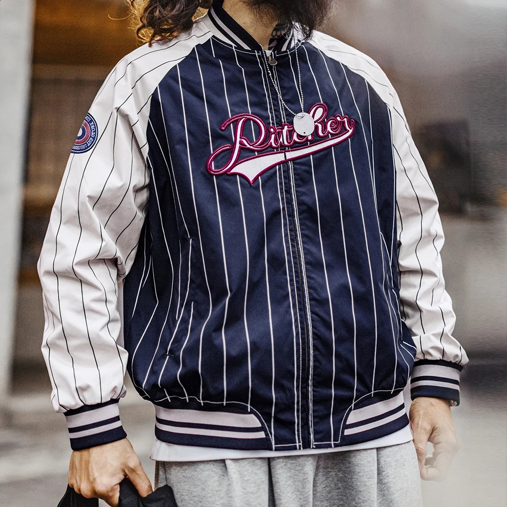 Made Vintage Striped Baseball Jacket Letter y Badge ns Colorblocking Casual Outerwear for Mens Spring 250317