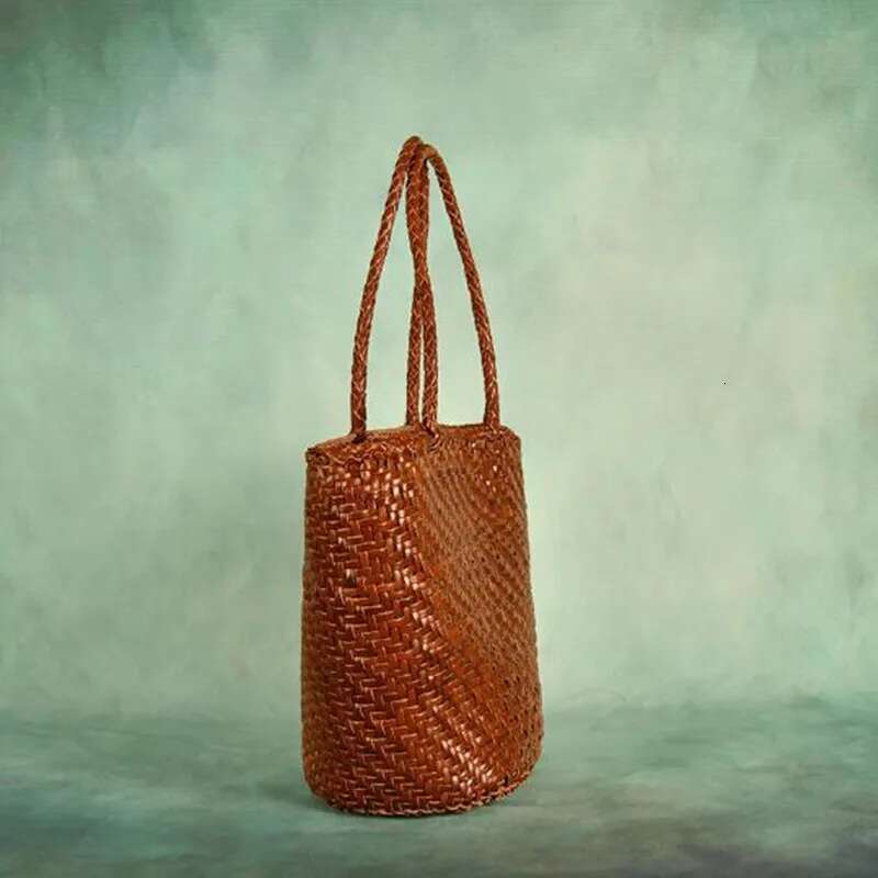 Made Braided Genuine Leather Cowhide Hand-Woven Vegetable Basket Women's Shoulder Retro Shopping Bag