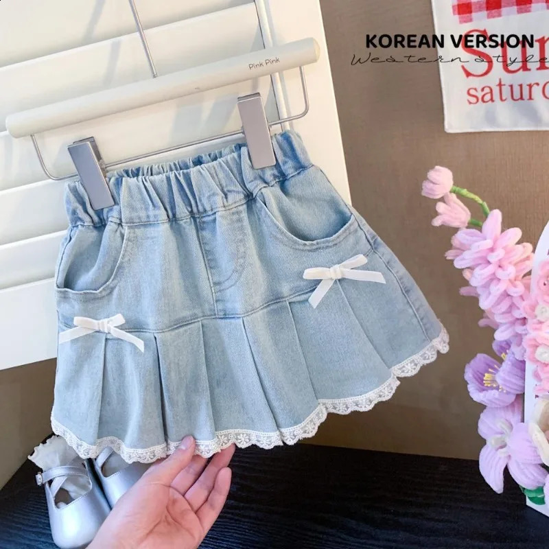 Girls Summer Denim Skirt Female Baby Korean Version of The Foreign-style Cute Bow Lace Pleated Skirt 250319