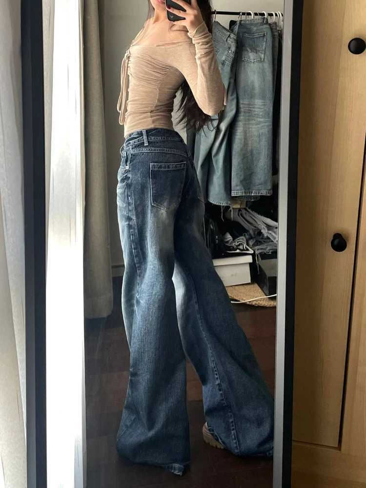 HOUZHOU Y2K retro bagged wide leg womens jeans washed casual high waisted loose denim pants streetwear Korean Flared TrousersT250319