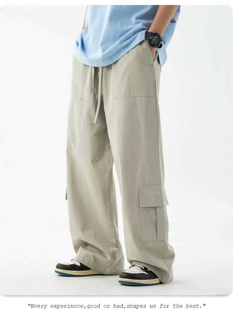 Twill cotton work mens couple multi pocket design pants for spring trendy and loose 100 solid color casual pantsT250318