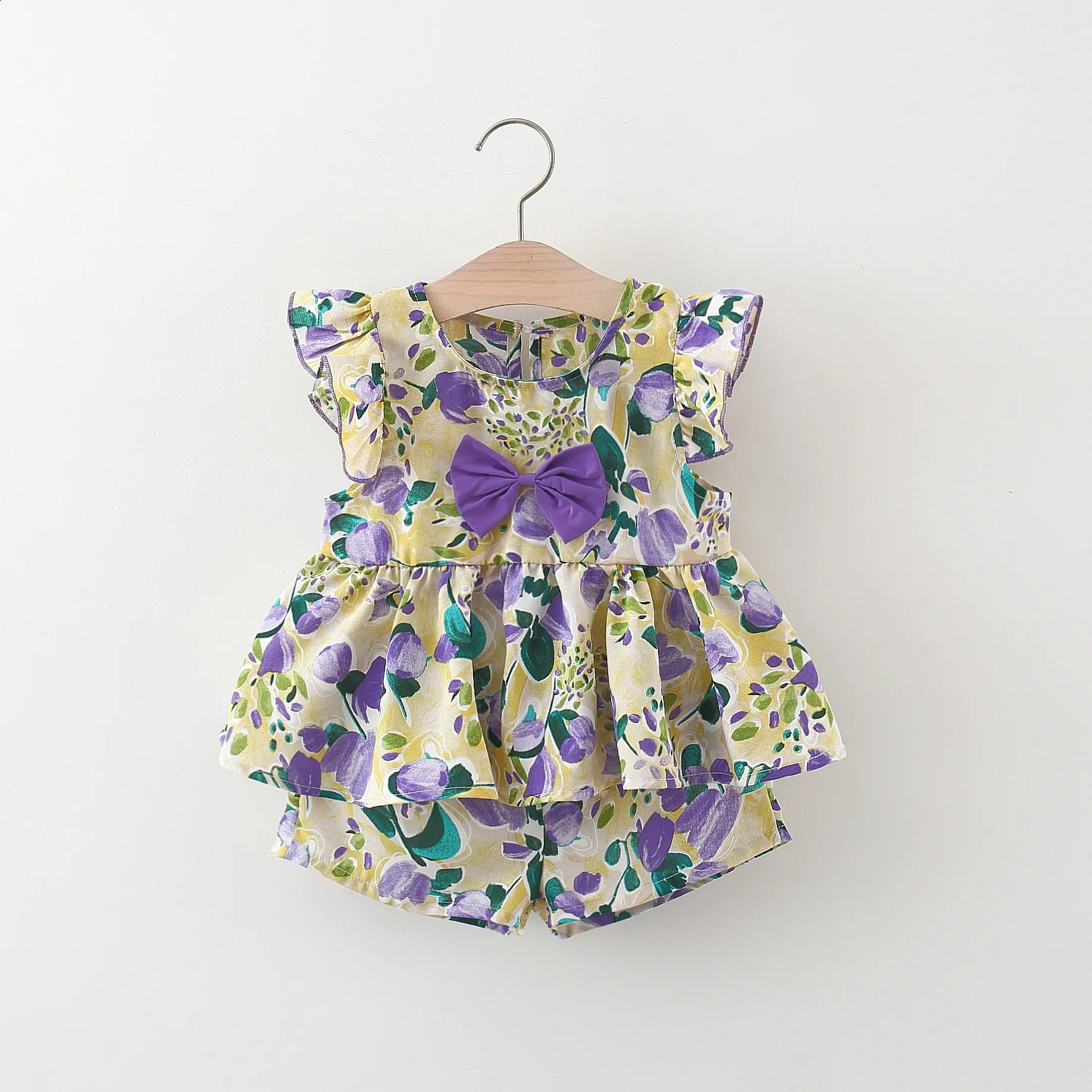 03 years old Summer girl peach print bow sleeve top and shorts set cute cotton twopiece for girls 250319