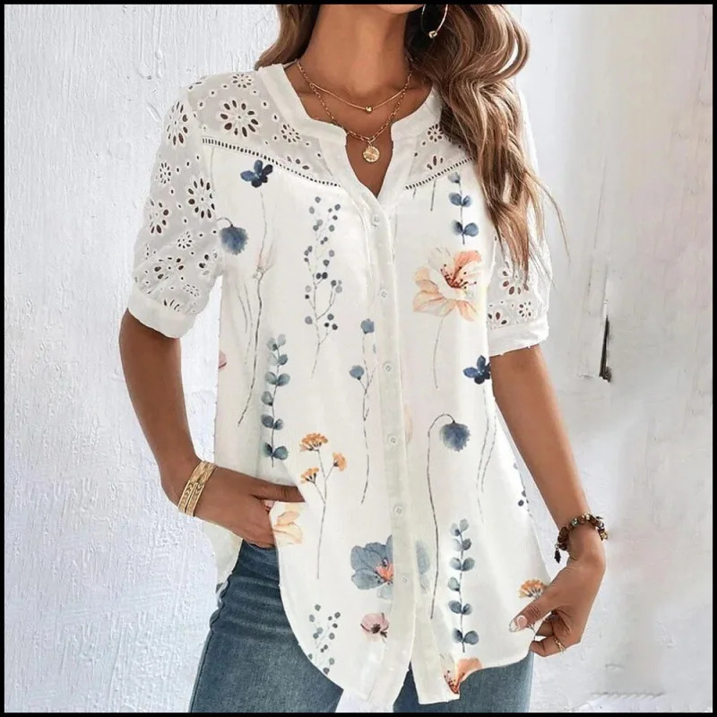 Leisure Flower Printed Cardigan Hollowed Out Blouses 2025 Fashion Lapel Short Sleeved Shirt Womens Top Camicette Femme 250319