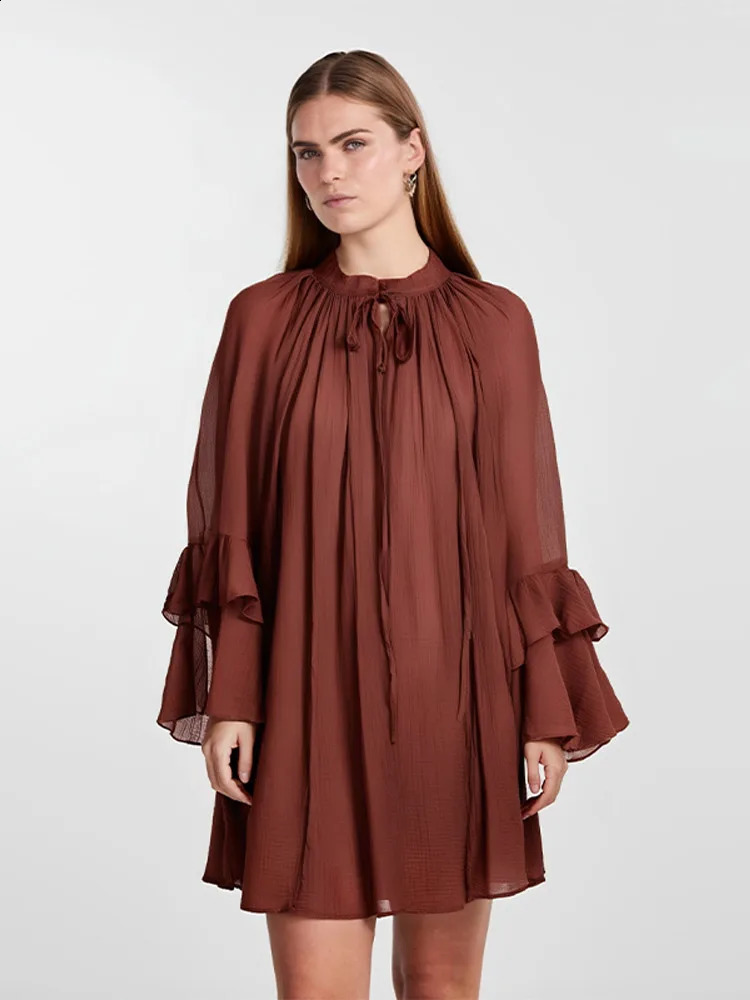 Casual loose mini dress Oneck long sleeved womens 2025 spring solid color lace hollow chiffon 250319