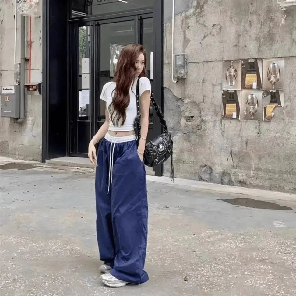 style color block elastic waist loose wide leg casual pants for womens summer texture curtains straight long fashion 250318